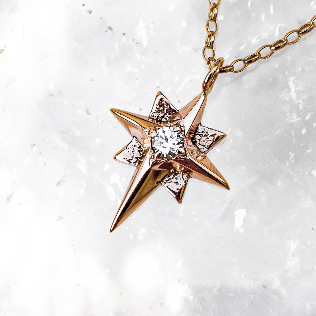 Rose Gold North Star Necklace with Moissanite